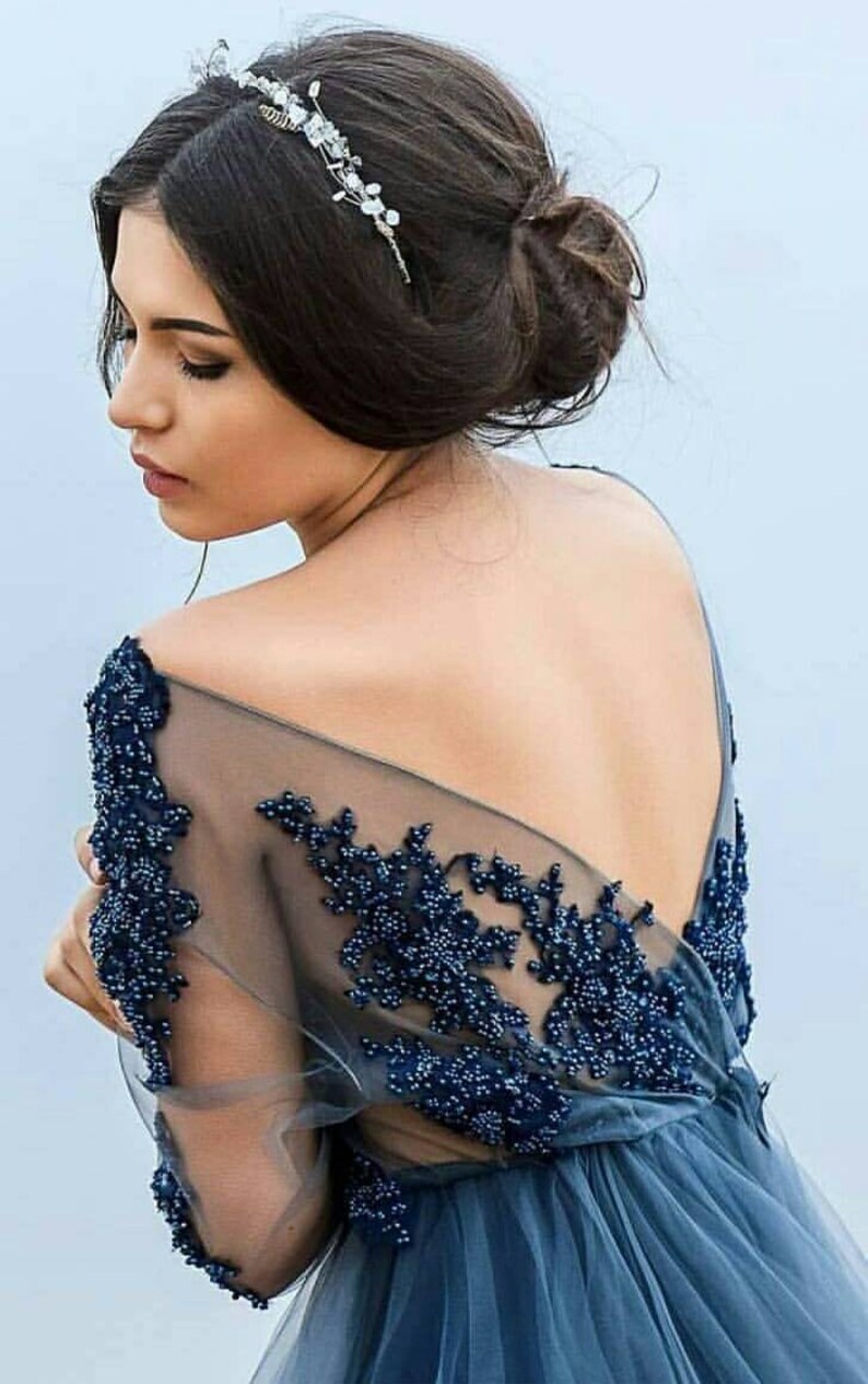 Blue Guipure with beads- Guipure Lace - Wedding guipure - Lace embroidery fabric flowers - Navy guipure lace fabric - Wedding fabric image 3
