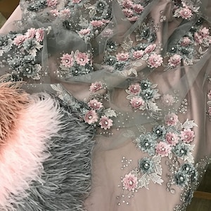 Guipure Handcrafted luxury 3d floral fabric 3D wedding guipure Lace embroidery fabric flowers Grey Pink guipure lace fabric Mint Wedding