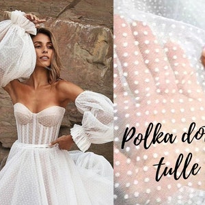 White Polka dot tulle fabric White dotted tulle Ivory Soft tulle fabric with velvet dots Flocked dots dots Tulle by the yard
