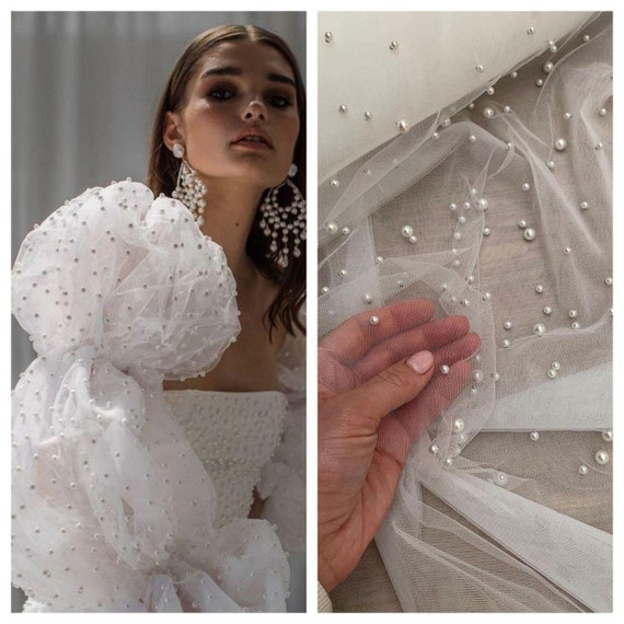 Elegant White Tulle Fabric with Pearls White Tulle Fabric With Pearls Blush Tulle With Pearls  main image 3