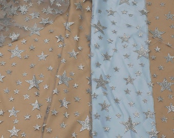 Tul de brillo plateado con estrellas Tela de tul con estrellas de brillo Tela de tul brillante Tela de tul blanco cortado a medida Encaje con estrellas de brillo