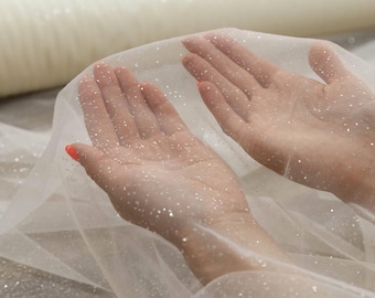 Wedding Glitter 3.2 yards width, Sparkle white fabric, White glued glitter tulle, Bridal dress Tulle, Fabric by roll, Wedding dress fabric
