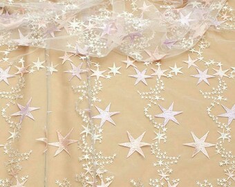 Ivory Embroidered Tulle with stars Ivory tulle fabric with stars tutu fabric black tulle fabric by yard supplier tulle lace with stars
