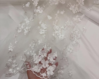 White 3D Floral Embroidered Tulle, Bridal Guipure Lace Fabric by Yard for Wedding Dress, Veil, Evening Gown, Luxury Sewing Material