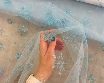 Snowflakes tulle fabric Snowflake lace Christmas tulle dress Christmas tulle fabric Snowflakes Soft tulle fabric Glitter ulle fabric