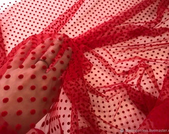 Polka dot tulle fabric 0,5см Red polka dots tulle Tulle fabric by yard Soft tulle fabric with velvet dots Velvet dots Tulle by roll