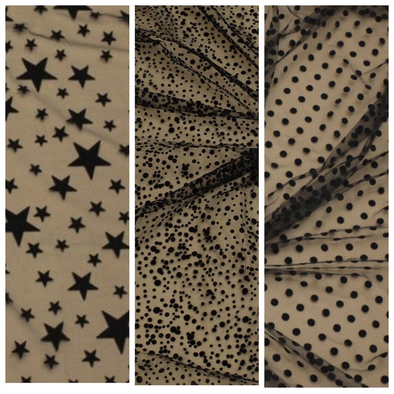 May include: Three swatches of black sheer fabric with different patterns. The first swatch has black stars on a beige background. The second swatch has black polka dots on a black background. The third swatch has larger black polka dots on a black background.