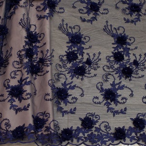 Dark blue 3D Guipure Handcrafted - Floral fabric - wedding guipure - Lace embroidery fabric flowers - Guipure lace fabric - Wedding lace