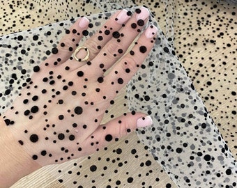Polka dot tulle fabric Black dots Tulle fabric Black tulle with polka dots Tulle fabric by yard Soft tulle fabric with velvet dots