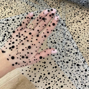 Ivory Polka dot tulle with black dots  Spotted Tulle fabric Black tulle Tulle fabric by yard Soft tulle fabric with velvet dot