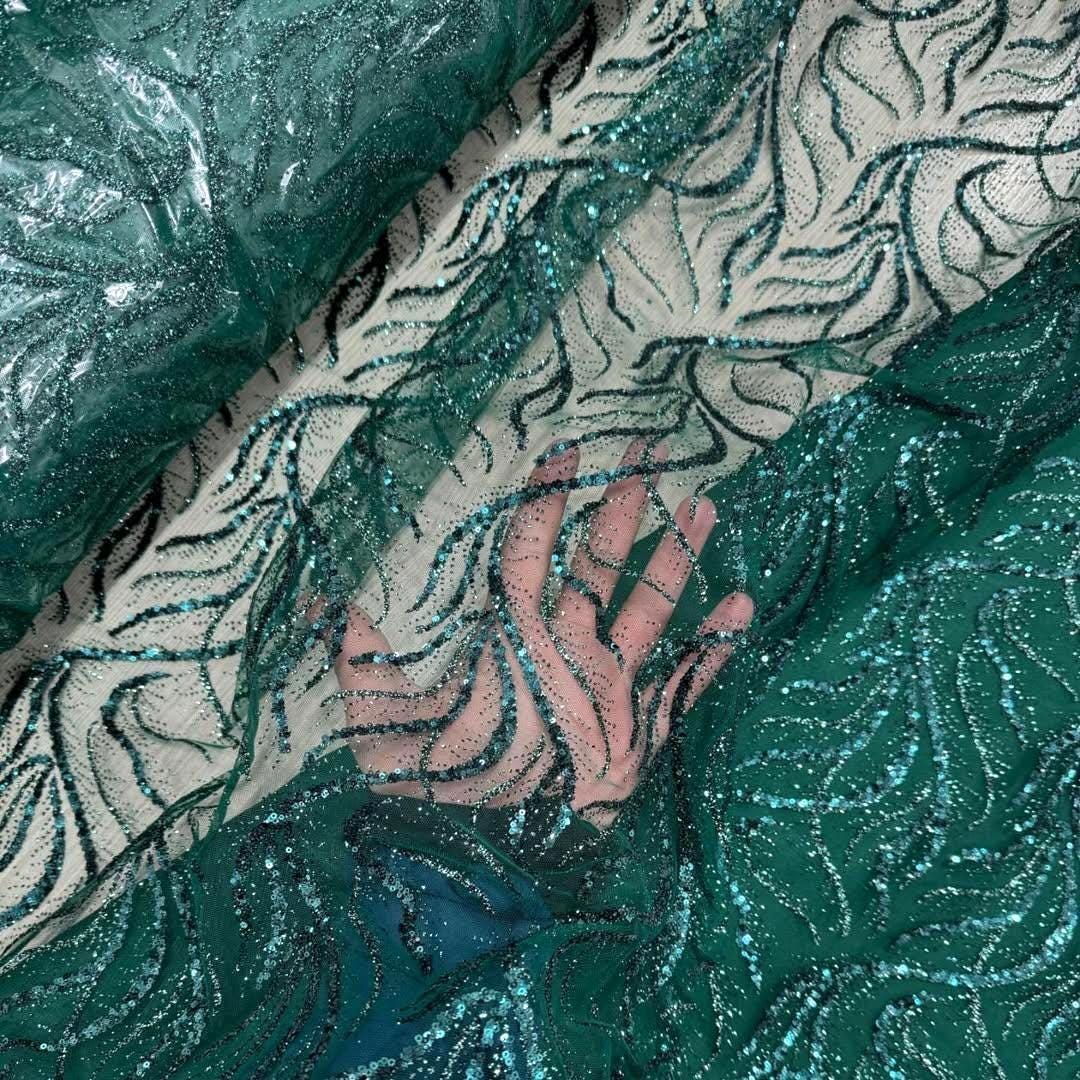Luxury Emerald Green Tulle With Glitter Waves Black Wedding Lace Fabric ...