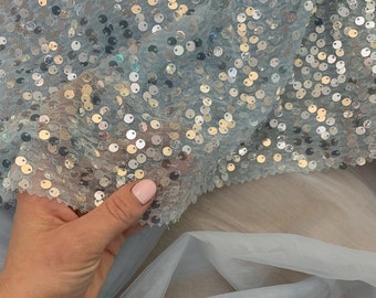 May include: Light blue fabric with silver sequins. The fabric is sheer and has a delicate texture.