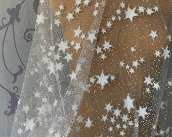 Wedding Tulle with Stars Bridal Dress fabric with glitter star Sparkle Tulle Fabric White tulle fabric Wedding Lace with stars
