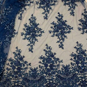 Blue Guipure with beads- Guipure Lace - Wedding guipure - Lace embroidery fabric flowers - Navy guipure lace fabric - Wedding fabric image 1