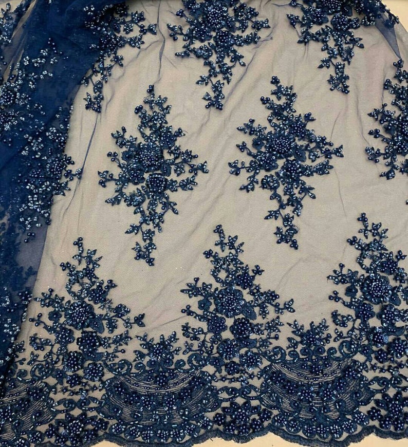 Blue Guipure with beads- Guipure Lace - Wedding guipure - Lace embroidery fabric flowers - Navy guipure lace fabric - Wedding fabric image 1