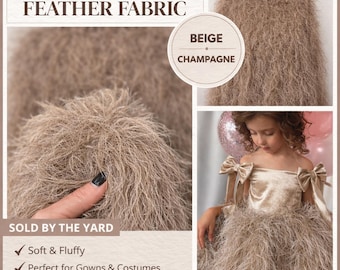 May include: Faux ostrich feather fabric in beige champagne color. The image shows a close-up of the soft and fluffy fabric, a dress, and a sample of the fabric on a mannequin. The text says "Sold by the yard".