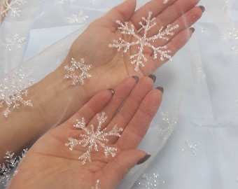 White SNOWFLAKES tulle fabric Glitter Tulle fabric Christmas tulle Tulle fabric by yard White Soft Snowflakes tulle fabric Blue Tulle Fabric