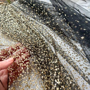 Ombre Glitter fabric by the yard Gols glitter dots on black Wedding dress fabric Shiny Fabric Glitter Mesh for Dress Glitter tulle Gold