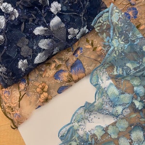 Blue Guipure Handcrafted luxury 3d floral fabriс Violet wedding guipure Lace embroidery  flowers Electric guipure lace fabric Wedding lace