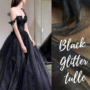 Black Wedding Glitter 3.2 yards width, Sparkle black fabric, Black glued glitter tulle, Bridal dress Fabric by roll, Wedding dress fabric