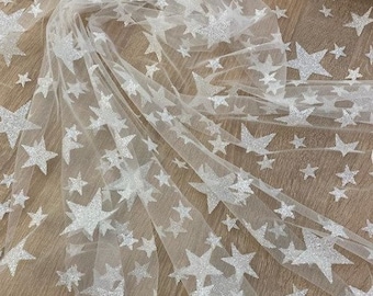 Tela de tul con estrellas brillantes color marfil Tela de tul Tul con purpurina color marfil Tela de tul cortada a medida Tela de tul suave con estrellas Tela de estrellas brillantes