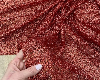 Red Glitter fabric Kleo Red glued glitter lace Shimmer fabric Red Glitter Fabric Wedding Sparkle fabric Red Glitter metallic fabric