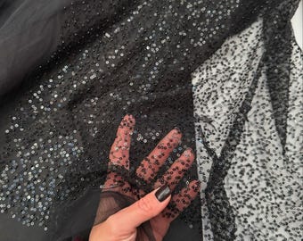 Black Sequins Tulle Glitters Sequins Fabric Sequins on Mesh Fabric Sequins by the Yard Fabrics by meter Shimmer Sequin Fabric