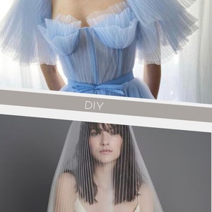 May include: Two images showing a DIY project for pleated tulle. The top image shows a light blue tulle dress with pleated sleeves. The bottom image shows a white tulle veil with pleated fabric.