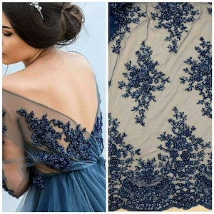 Blue Guipure with beads- Guipure Lace - Wedding guipure - Lace embroidery fabric flowers - Navy guipure lace fabric - Wedding fabric image 2