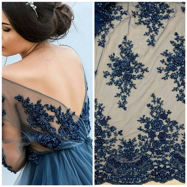 Blue Guipure with beads- Guipure Lace - Wedding guipure - Lace embroidery fabric flowers - Navy guipure lace fabric - Wedding fabric image 2