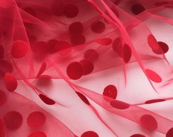 Red Polka dot tulle fabric - Tulle fabric - Red tulle - Tulle fabric by yard - Soft tulle fabric with velvet dots - Velvet dots tulle