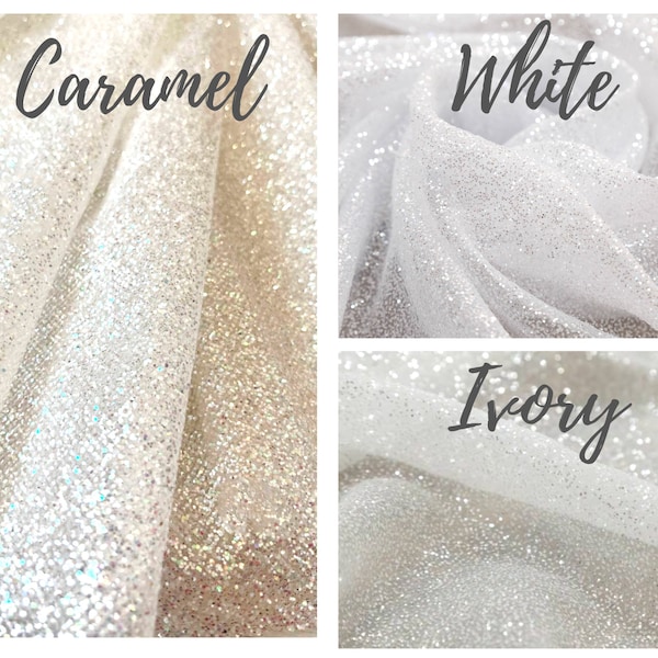 Tessuto Sparkle Glitter tagliato a misura Tessuto scintillante in pizzo glitterato avorio incollato Tessuto Glitter bianco Tessuto Wedding Sparkle Tessuto Glitter Wedding
