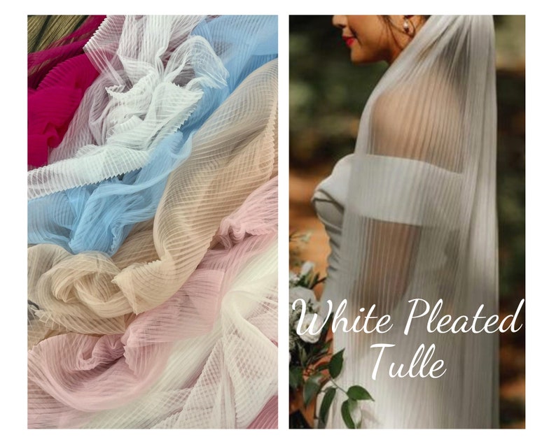 May include: A close-up of white pleated tulle fabric. The fabric is soft and delicate, and it has a beautiful, flowing drape. The fabric is perfect for making wedding veils, dresses, and other special occasion garments.  White Pleated Tulle.