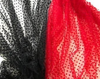 Red Polka dot tulle fabric Dotted tulle Soft tulle fabric with velvet dots Small dots Flocked dots on Tulle Dress Soft Tulle