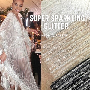 Ivory Glitter fabric by the yard White glued glitter lace fabric White Glitter Fabric Beige Glitter fabric by the roll Wedding fabric