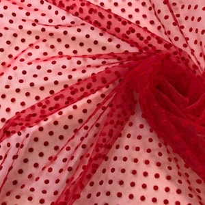 Polka dot tulle fabric 0,5см Red polka dots tulle Tulle fabric by yard Soft tulle fabric with velvet dots Velvet dots Tulle by roll