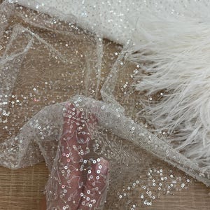 Può includere: Tessuto bianco trasparente con paillettes argentate in un motivo disperso. Il tessuto è delicato e ha una texture morbida e fluida.