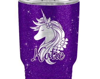 Unicorn Custom Name -customized laser engraved- insulated metal tumbler cup- lid included- 20 or 30 oz- glitter cup- personalized gift