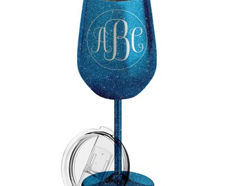 Personalized Circle Script Monogram - stemmed wine glass- insulated metal tumbler cup- lid included - personalized- gift