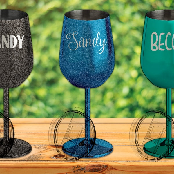 Custom Name Wine Glass-  stemmed wine glass- insulated metal tumbler cup- lid included - personalized- metal wine Glass- glitter wine glass