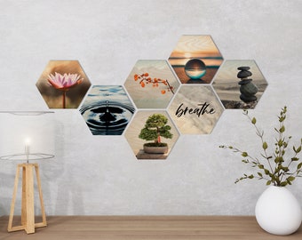 Zen Set of 7 Honeycomb Tile Hexagon - Laser Cut Wood Prints - Direct Printed - Office Decor - Art on Wood - Photo Tiles- Waiting Room - Spa