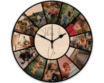 Reloj de 12 fotos impreso personalizado - Reloj grande de gran tamaño - Reloj de madera impreso - Día de San Valentín - Idea de regalo de imagen fotográfica