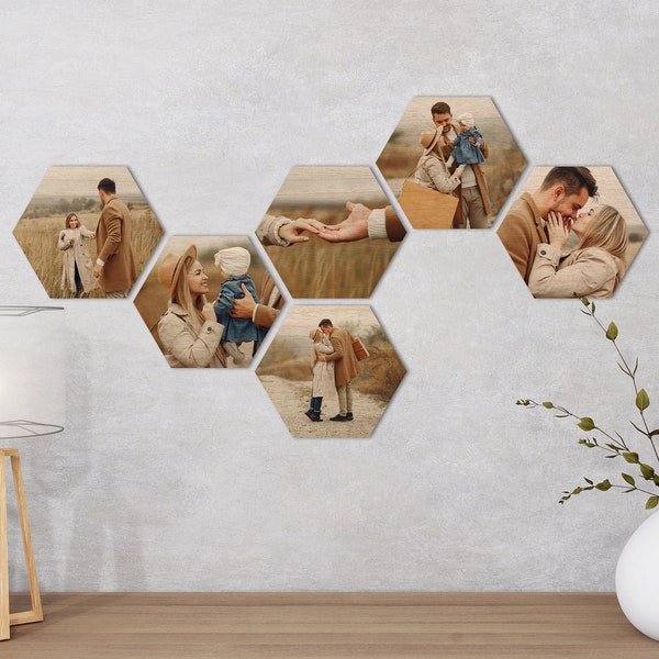 Custom Photo on Wood - Honeycomb Tile Hexagon - Laser Cut Wood Prints - Direct Printed - Mother's Day Picture Gift Idea for Her