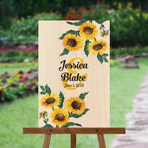 Watercolor Sunflower Wedding Signature Board - Custom Text - Alternative Guest Book - Wood Wall Art