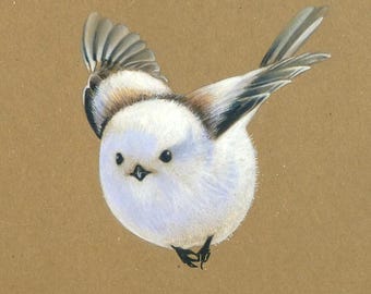 エナガの鳥の絵、オリジナルアートワーク、手描きのイラスト、8