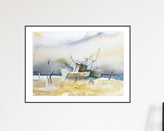 Seascape with Boats, Original Watercolor Painting