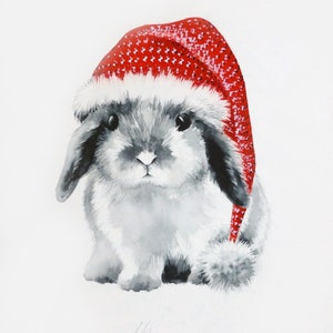 Süßer Hase mit Weihnachtsmütze, Original Aquarellmalerei, Weihnachtsgeschenk