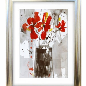 Acuarela floral original: arte mural abstracto, 35,5 x 24,5 cm