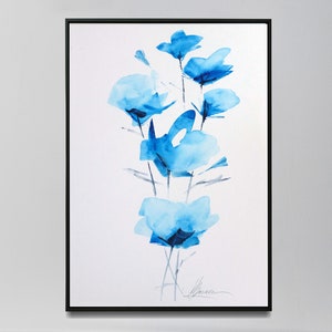 Blue Flowers Painting, Original Watercolor Artwork, Blue Floral Painting, Minimalism, Flowers Wall Decor, Hand Painted Artwork