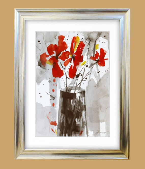 Aquarelle originale composition fleurs et calligraphie moderne